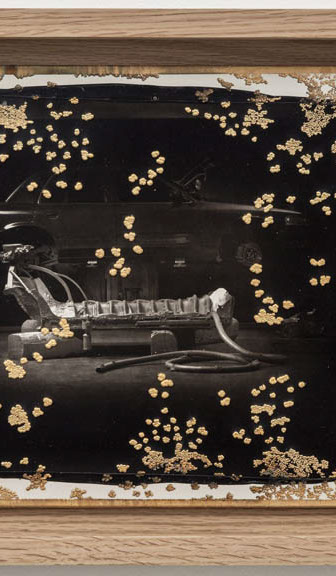 Large image of Woodburytype print in wood frame with gold electroplating for artist Matthew Barney.