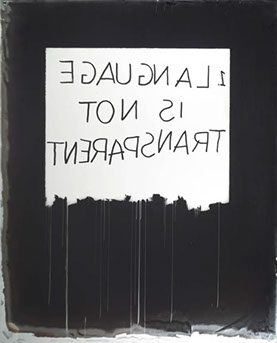 Mel Bochner, "Language is Not Transparent," collodion lantern slide on mirror. Photograph of handwritten text: 1. Language is not transparent.