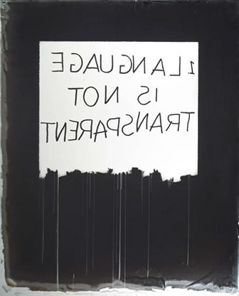 Mel Bochner, "Language is Not Transparent," collodion lantern slide on mirror. Photograph of handwritten text: 1. Language is not transparent.