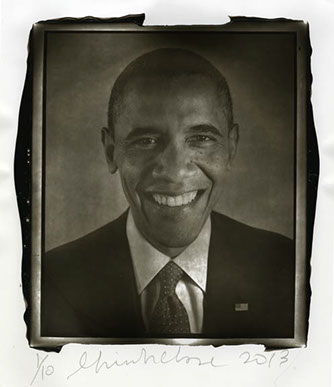 Chuck Close Woodburytype print from portrait of Obama smiling- front view.