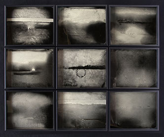 Nine ambrotypes (photos on glass) arranged in a 3x3 grid. They depict landscapes that oscillate between natural and abstract imagery.