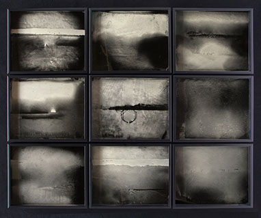 Nine ambrotypes (photos on glass) arranged in a 3x3 grid. They depict landscapes that oscillate between natural and abstract imagery.