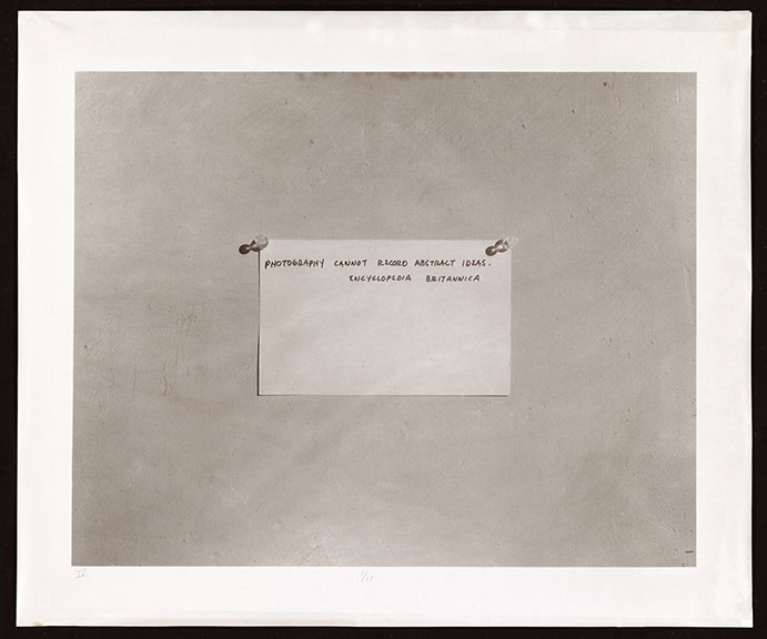 Mel Bochner, albumen print from a collodion negative. Photograph of quote "Photography cannot record abstract ideas." 