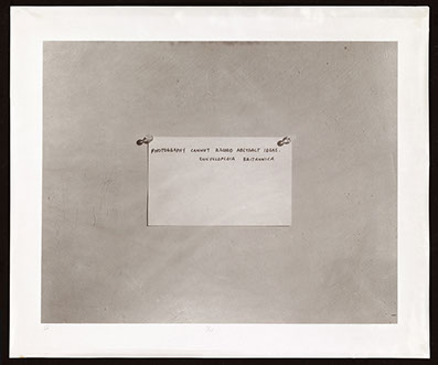 Mel Bochner, albumen print from a collodion negative. Photograph of quote "Photography cannot record abstract ideas." 