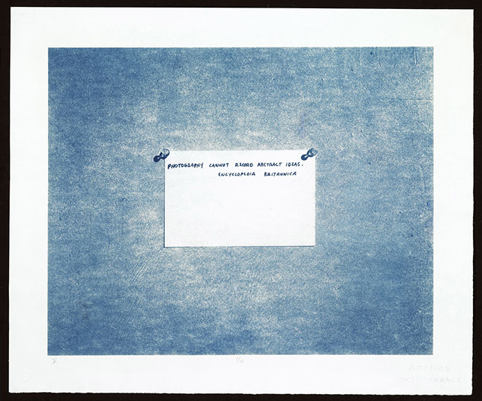 Mel Bochner, cyanotype print from a calotype paper negative. Photograph of quote "Photography cannot record abstract ideas." 